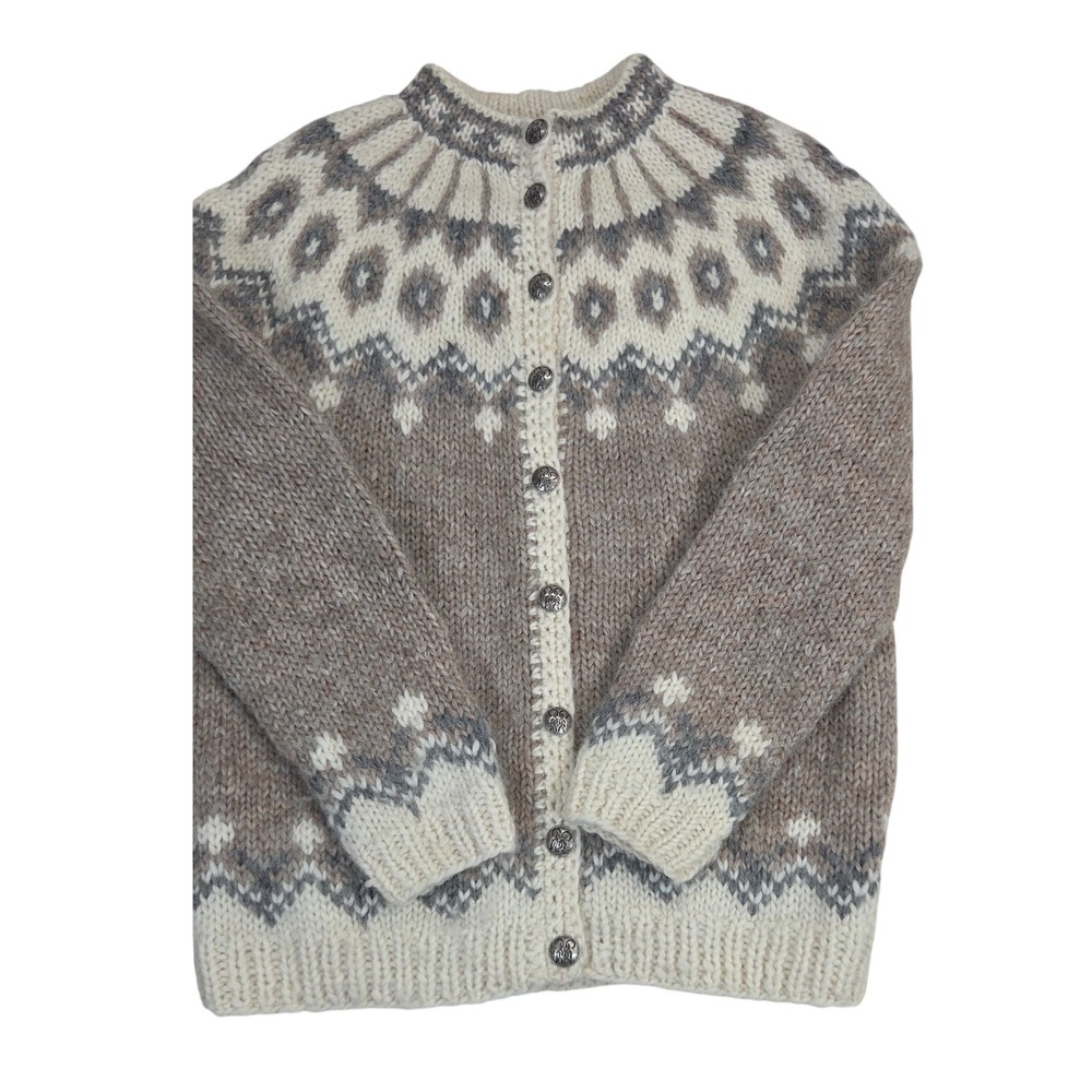 Pure Wool Cardigan Sweater Women's Handmade Tan Fair Isle Wool Vintage 90s